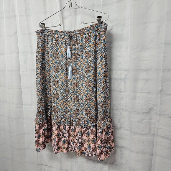 Loft Blue Orange Boho Peasant Skirt Tiered Hippie Festival L - Picture 7 of 12